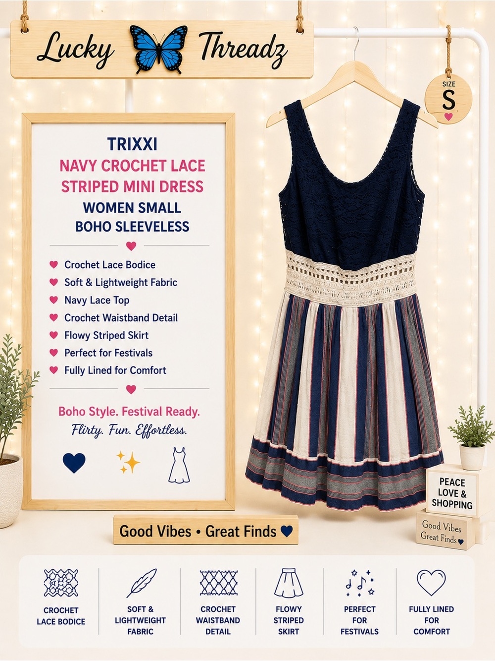 Trixxi Navy Crochet Lace Striped Mini Dress Women Small Boho Sleeveless